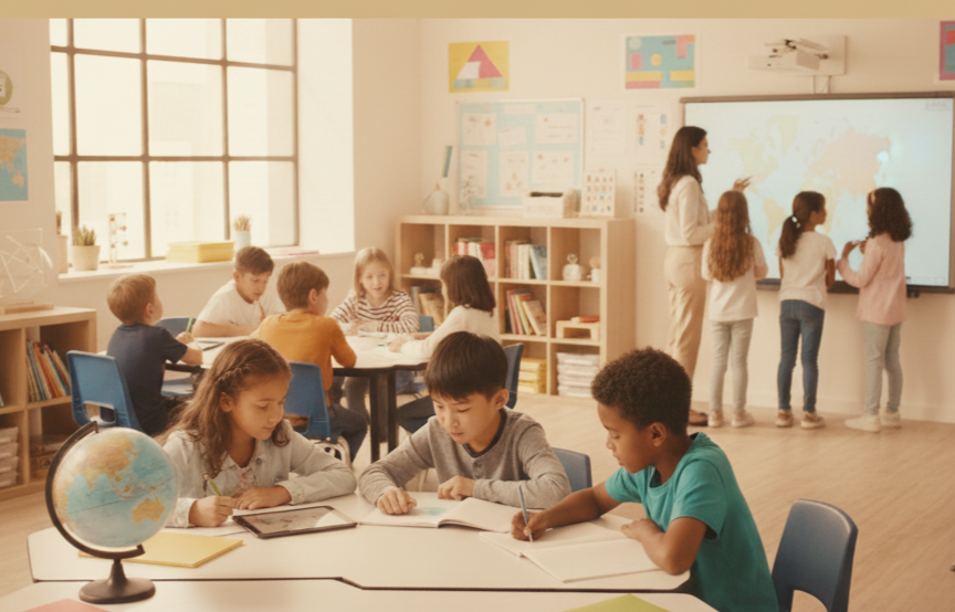 Alunos do Ensino Fundamental estudando em sala de aula.